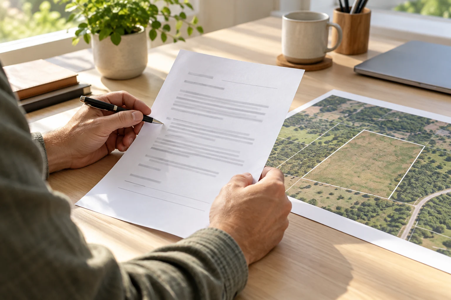 Offer paperwork and a parcel map being reviewed at a desk