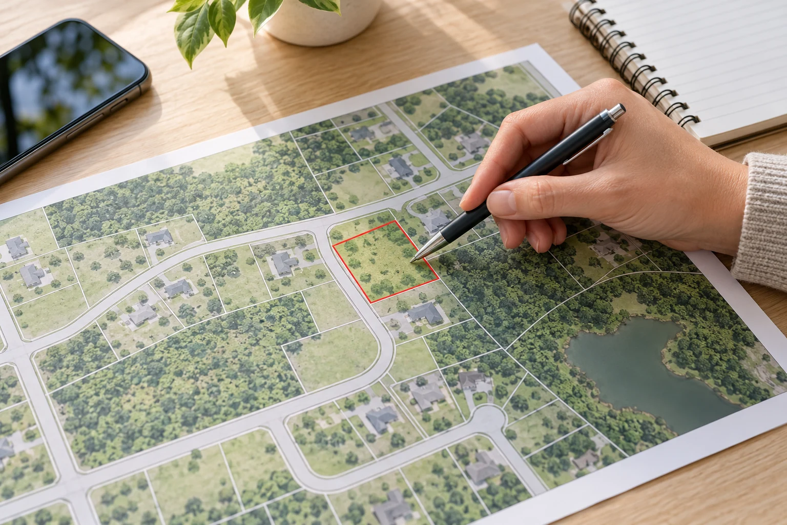 A parcel outlined on a printed neighborhood map